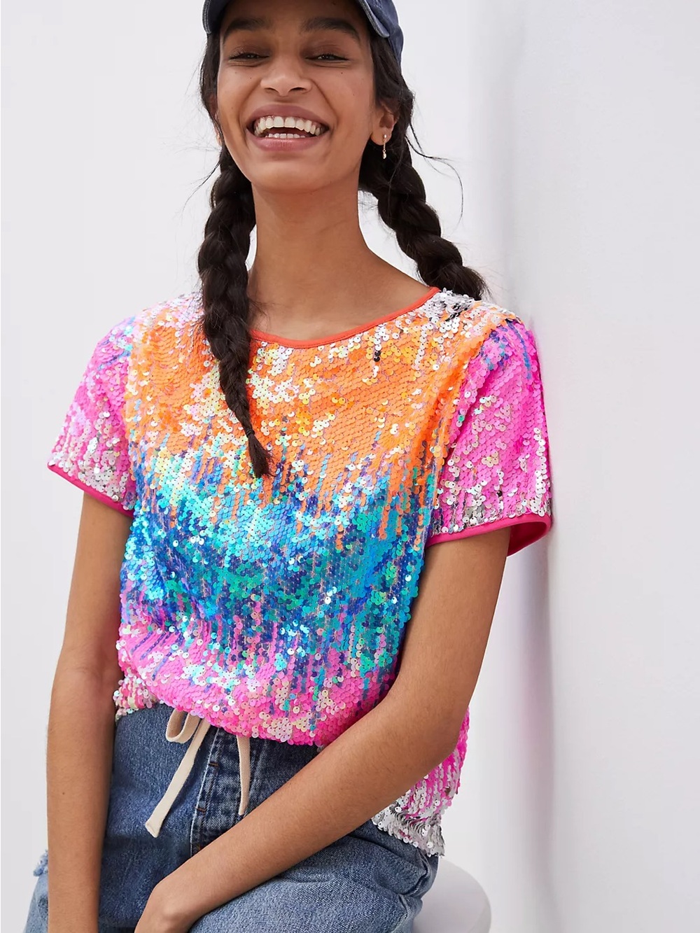 Eva Franco Multicolor Sequin Tee in Pink, Orange & Blue